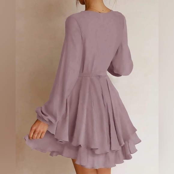 Ferlema Women's Sexy V Neck Ruffle Long Sleeve Tie Waist Swing Mini Wrap Dress - Picture 2 of 5